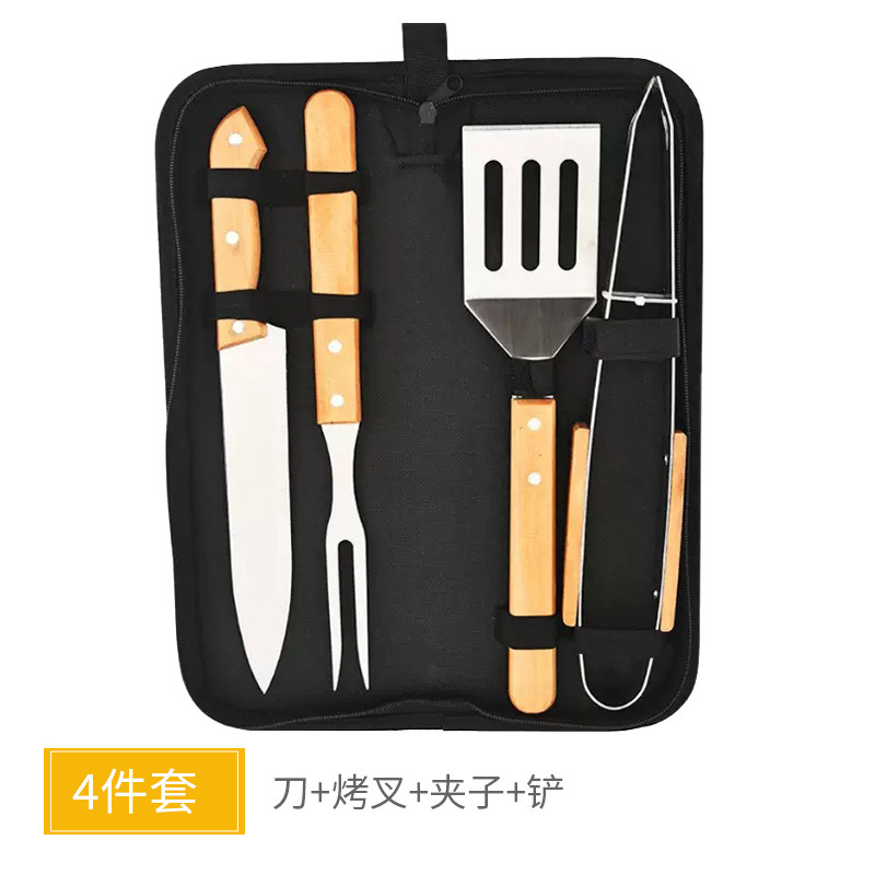 户外野营烧烤工具组合木柄叉铲夹BBQ配件布袋荷木柄烤具套装|undefined