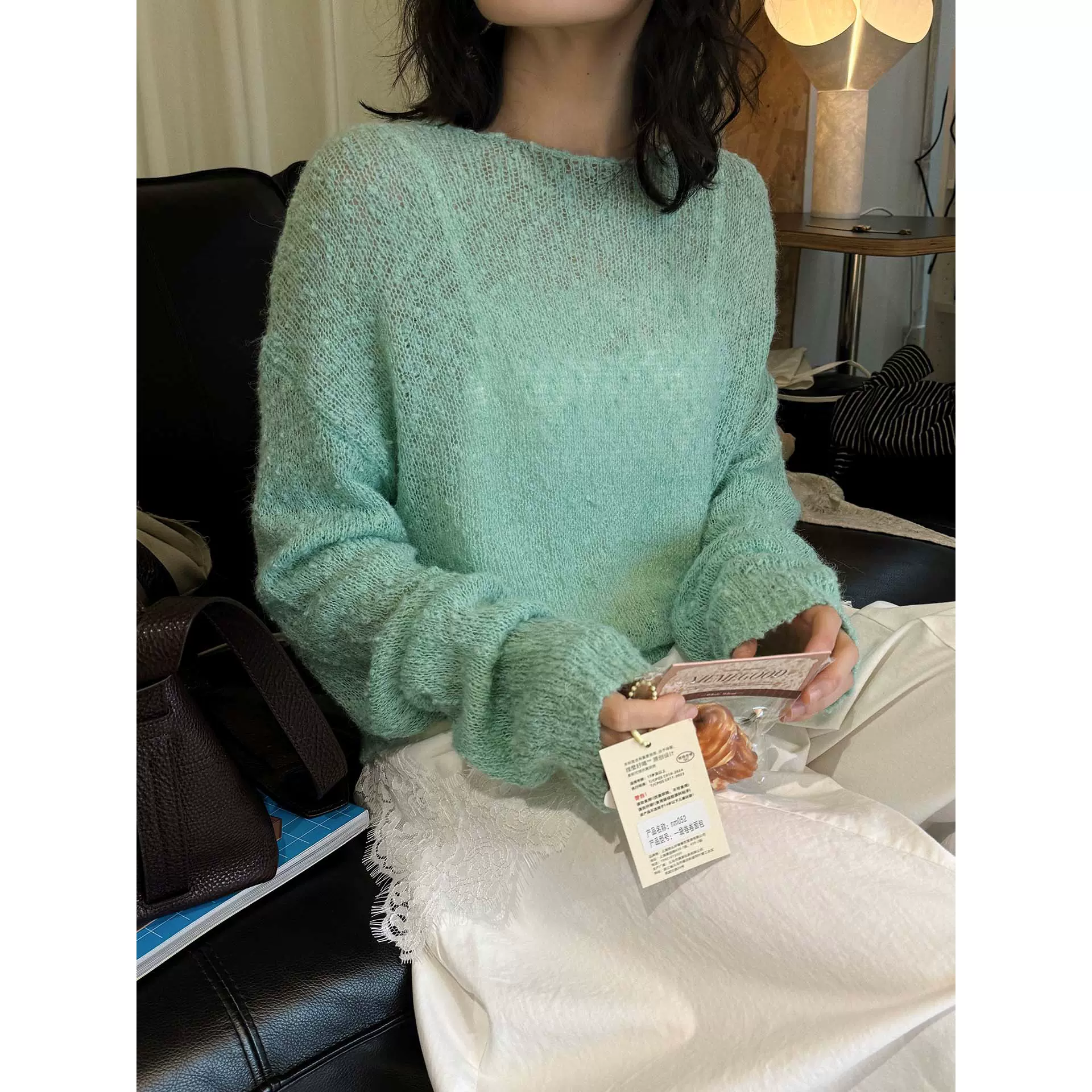 卢浮春季新款韩系简约时髦配腰带收腰羊毛针织衫宽松廓形上衣女