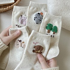 春秋季新品襪子女中筒襪日系純色ins潮點紗提花卡通少女長筒襪