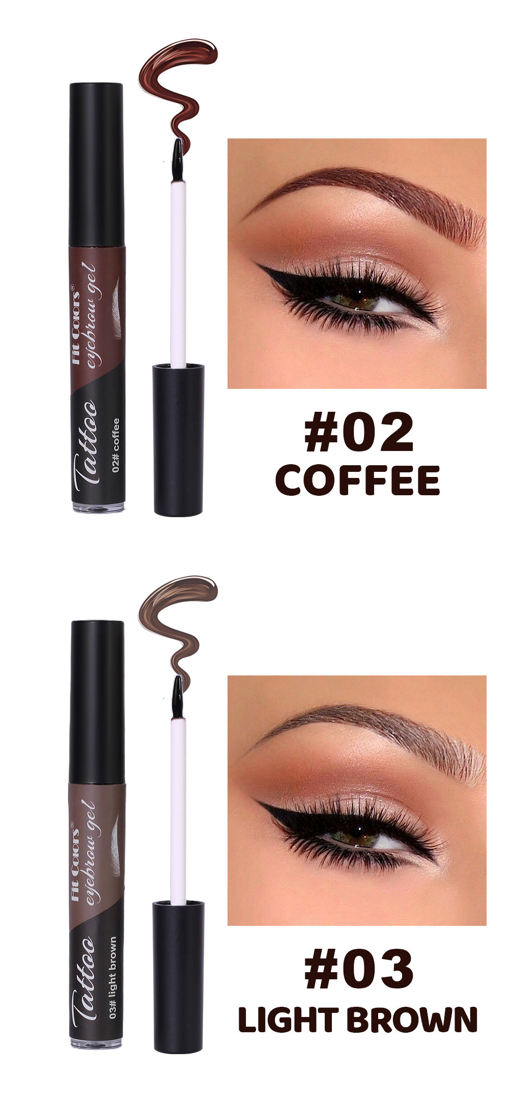 Fit Colors 4-color peel-off eyebrow Gel is water-resistant and does not smudge. It is a three-dimensional eyeliner and eyebrow gel undefined