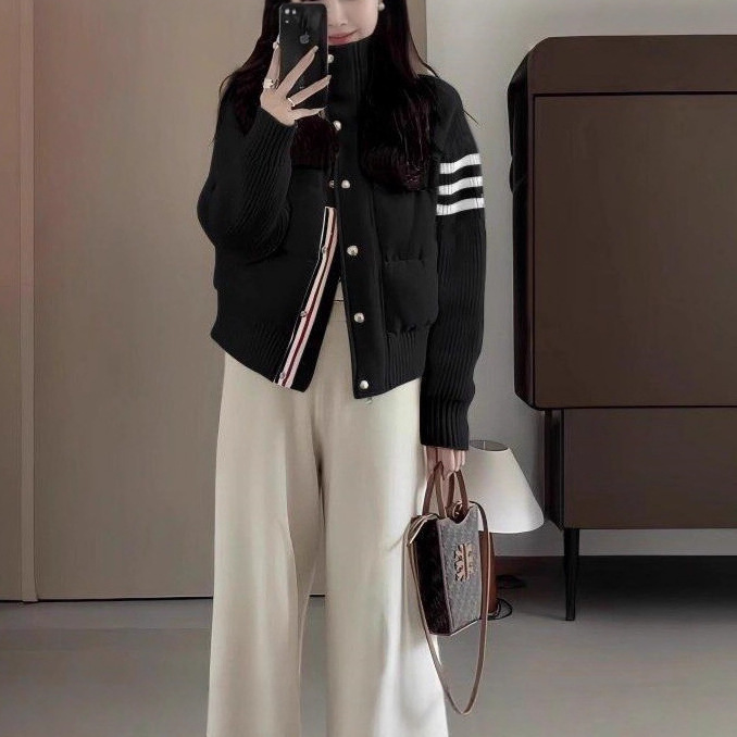 小个子穿搭针织拼接羽绒棉服女短款TB冬季休闲外套女立领棉衣加厚|undefined