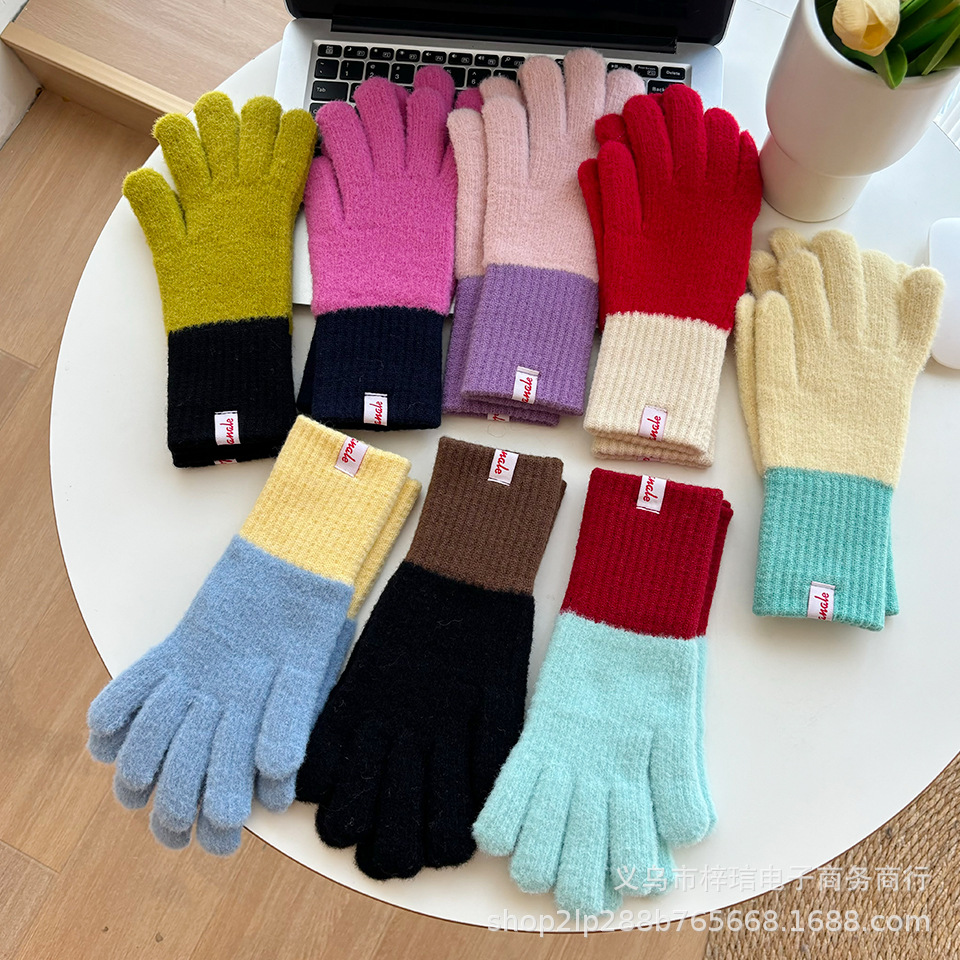 韩国东大门针织保暖手套女士冬季防寒加厚潮流时尚撞色露指加长款