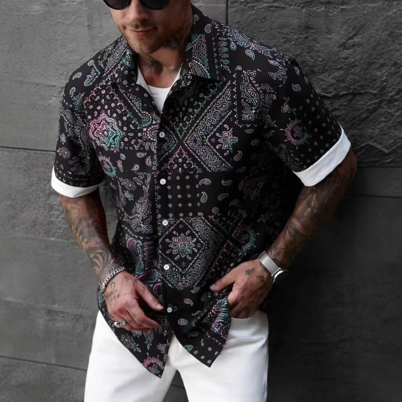 Men's Shirt Black Cashew Digital Printing Short-sleeved Men's Casual Shirt Retro Style Polyester 2023 Summer Style Men's Shirt Black Cashew Digital Printing Short-sleeved Men's Casual Shirt Retro Style Polyester 2023 Summer Style