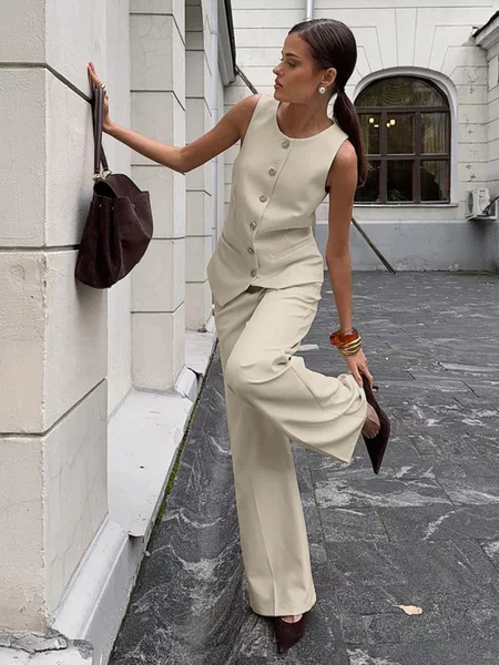 Cross-Border Suit Vest and Trousers Set, European and American Style, 2026 Spring/Summer New Model, Elegant Commuter Vest and Wide-Leg Pants Two-Piece Set