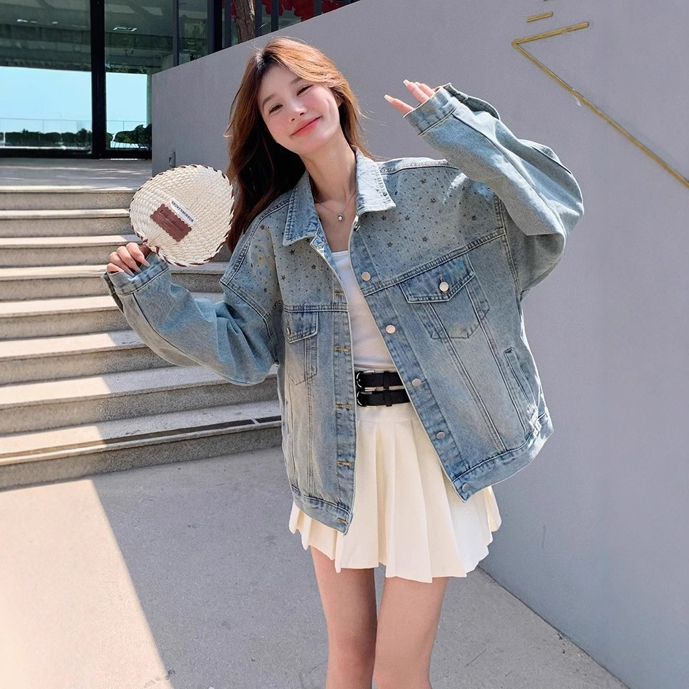 美式高级感烫钻牛仔夹克外套女2025年春秋季新款宽松显瘦休闲上衣