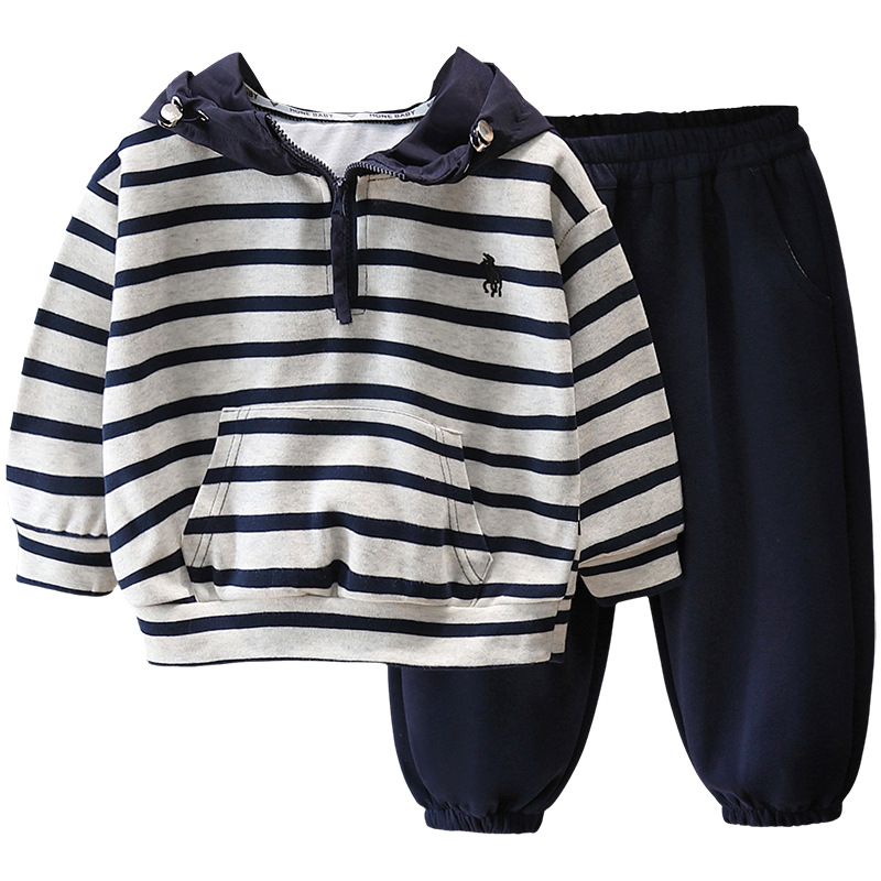 7841 traje de primavera para niños suéter a rayas con capucha para niños primavera y otoño traje coreano de dos piezas de celebridades de Internet 2025 nuevo
