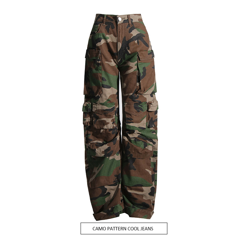 Pantalones cargo de camuflaje estilo 2025 con múltiples bolsillos, estilo urbano moderno, jeans largos de cintura alta y efecto adelgazante para mujer, otoño.