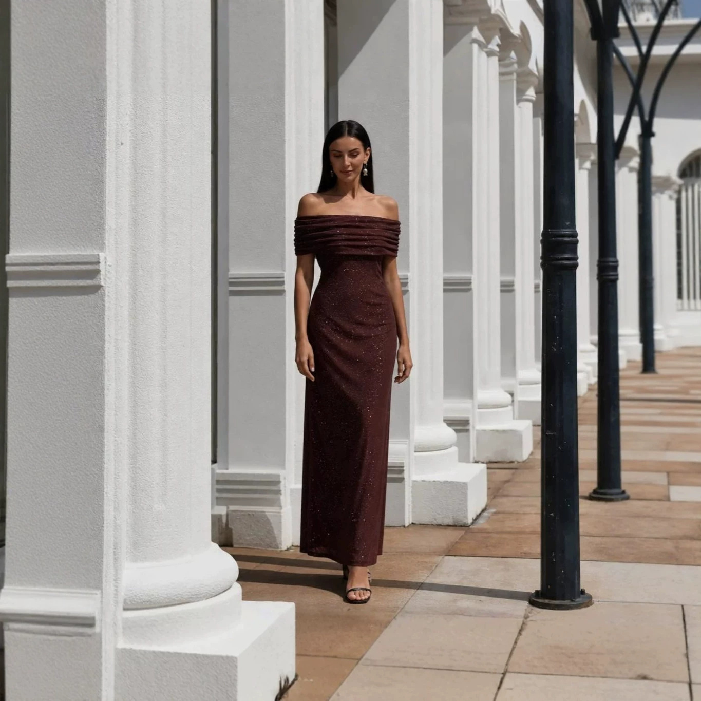 Cross-border European and American style off-shoulder long dress for women, pleated, off-the-shoulder, slim-fit, party and banquet gown