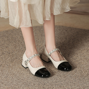 U9803 Mary Jane Thick Heel Flats 3cm Heel High Small Fragrance Style Color Matching Chain Pearl One-Foot Sandals for Women