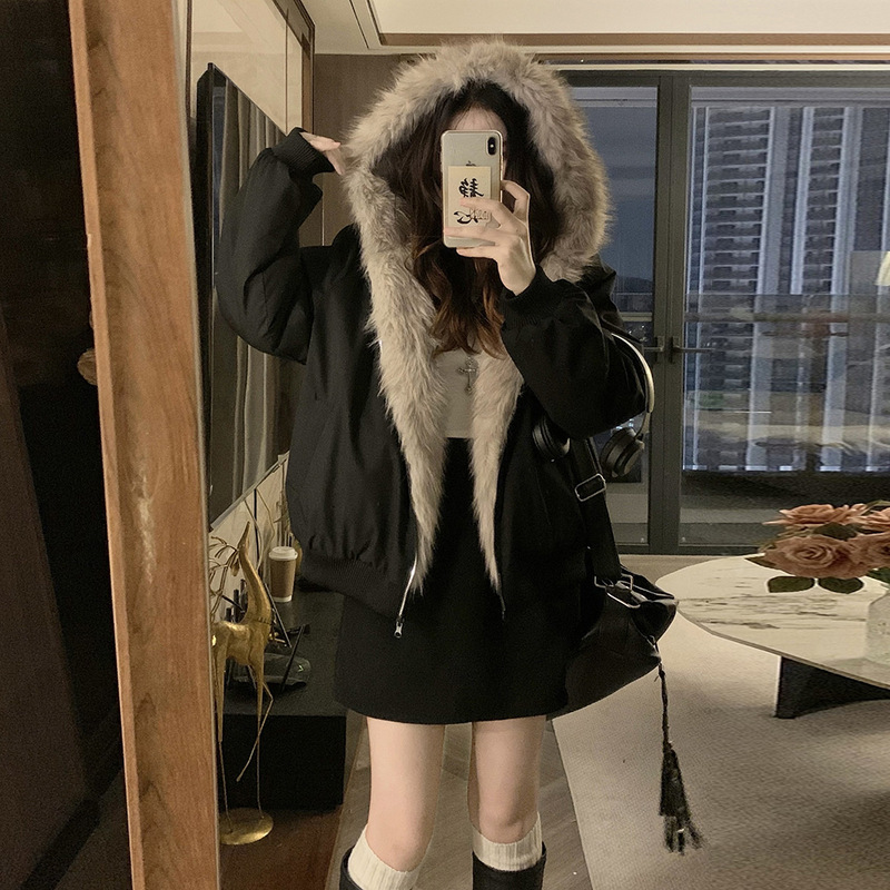 冬の新作レトロ可愛いショート丈リバーシブルフード付きファー暖かいジャケット レディース 裏起毛厚手ダウンコットンコート|undefined
