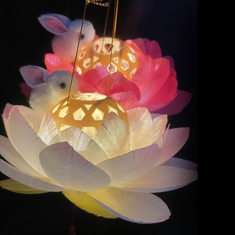 Mid-Autumn Festival Luminous Lotus Lantern Bamboo Lantern Lotus Rabbit Antique Lantern Hanfu Lantern Portable Night Light