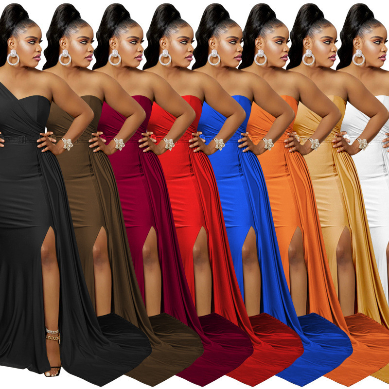 8 Colors in Stock, New Women's Fashion Elegant Solid Color Party Bodycon One-Shoulder Sleeve Dress Long Dress