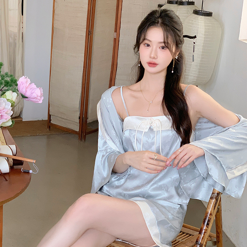 French Pajamas Set, New Suspender Outer Satin Sexy Three-Piece Suit, Long Sleeves, Can Be Worn Outside, Home Clothes for Women