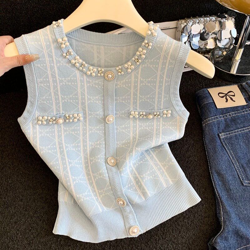 Heavy Beading Sleeveless Knitted Vest for Women 2026 Summer New Style Knitted Cardigan Chic Outerwear Top
