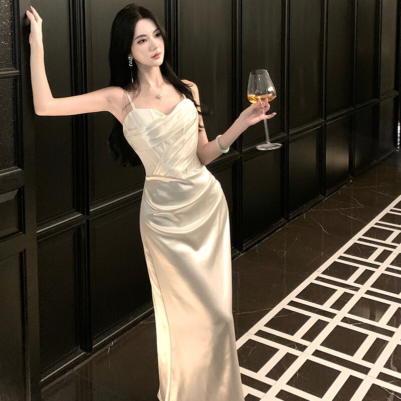 Floral Dream French Lace Satin Strap Dress with Sequins, Mermaid Long Dress in Light Champagne Slim Fit