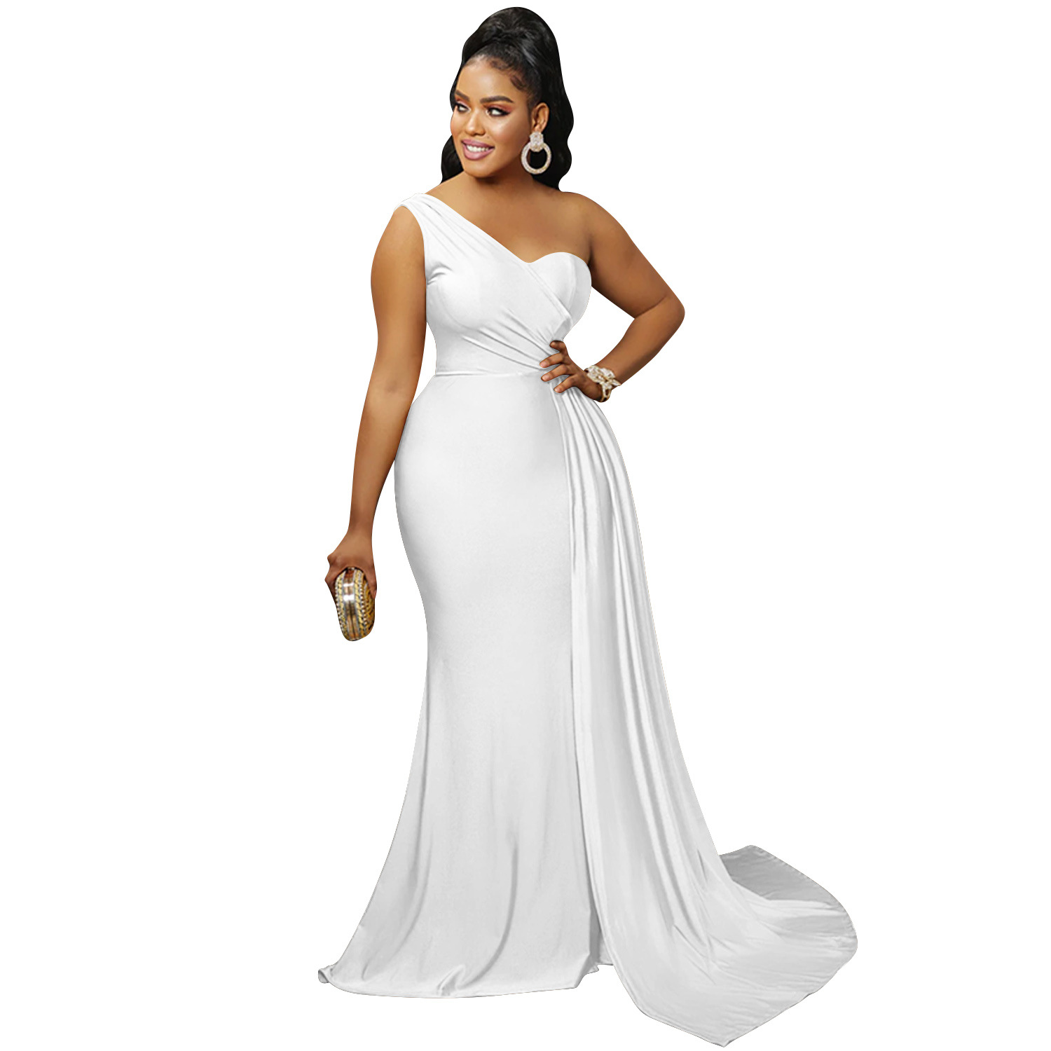 X5819 europeo y americano nuevo AliExpress Amazon moda color sólido partido apretado Vestido de manga de un solo hombro vestido largo para las mujeres image 13