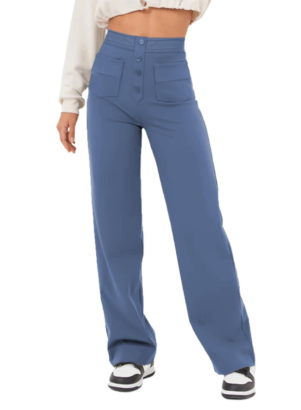 Women's High-Waisted Straight Leg Pants With Multiple Pockets - Stretch Comfort Casual Trousers For Everyday Wear_ecoleips.com