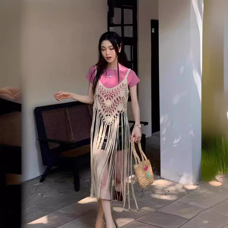 Cross-border Women's Mid-length sleeveless blouse women's tassel solid color camisole loose bohemian style dress