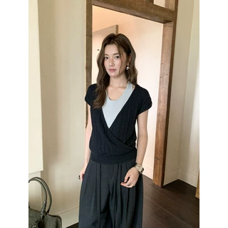 FONE 韩系撞色假两件挂脖针织衫女早秋肌理感坑条围裹式坎肩68039
