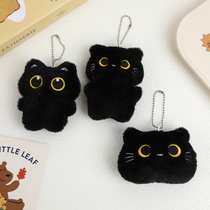 Stuffed Black Cat Squeaky Pendant Cartoon Big-Eyed Black Cat Key Pendant Handmade DIY Keychain Jewelry Accessories
