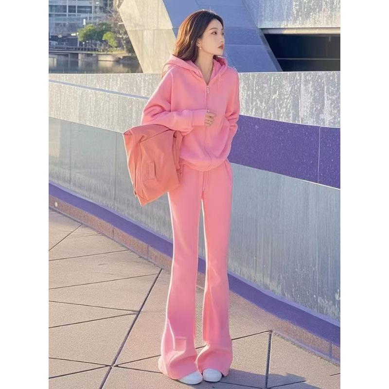 High-End, Stylish, Relaxed Korean-Style Casual Sports Pink Sweatshirt and Pants Set for Women, New Spring Style