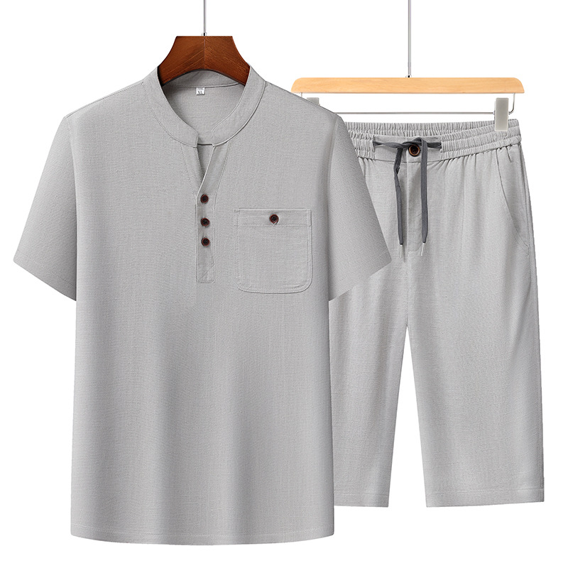 Marca de hombre algodón y lino conjunto de verano nuevo estilo frío lino de manga corta hombre ocio de mediana edad con pantalones rectos
