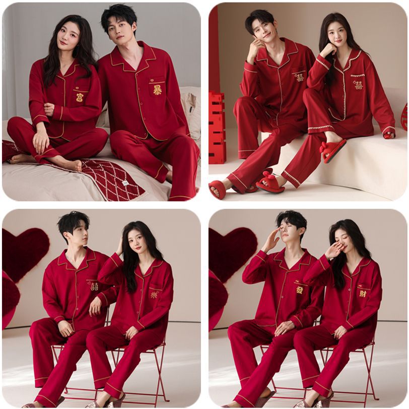 Pijamas al por mayor transfronterizos mujeres parejas rojas de algodón cardigan con solapa hombres y mujeres pantalones de mangas largas cardigan ropa para el hogar set