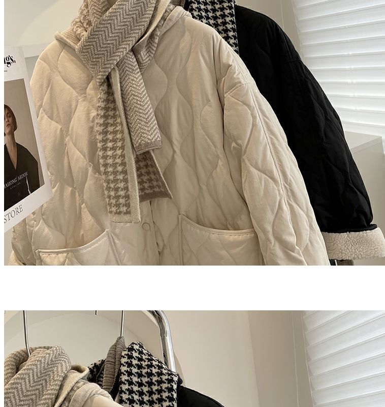 Collarless lamb wool splicing light and thin winter Korean version loose small fragrant dia plaid warm cotton jacket_voghion.com