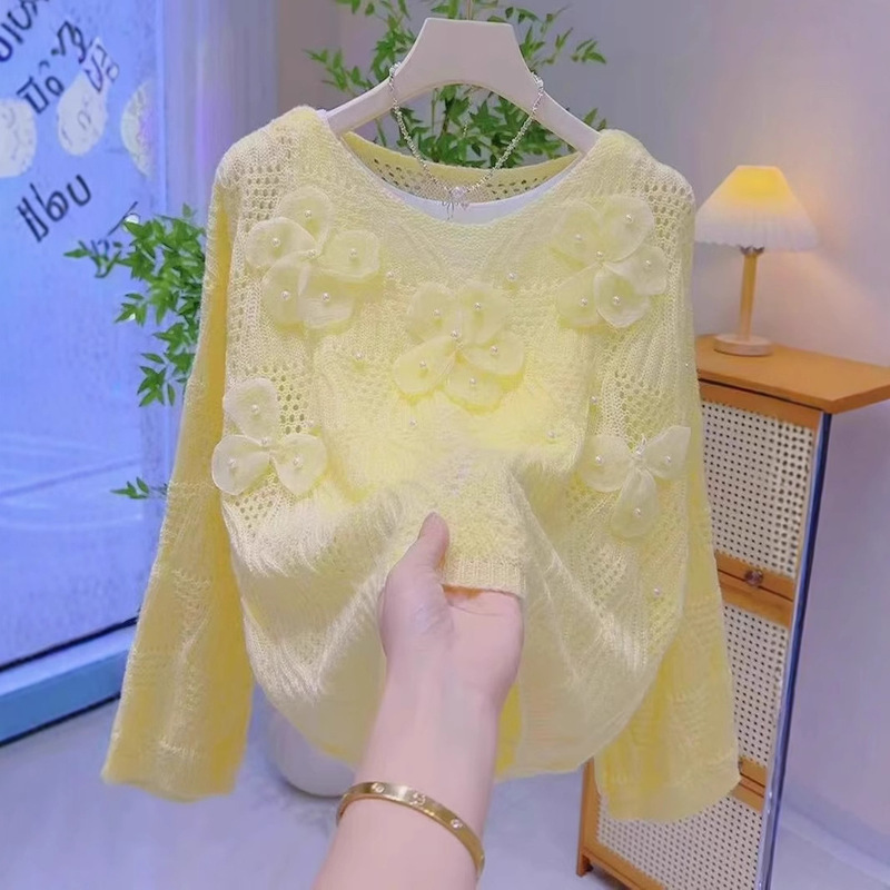 Atmosphere Yellow Flower Bead Hollow Micro-transparent Knitted Shirt Spring and Autumn Fashion All-match Soft Waxy Lazy Style Sweater for Women
