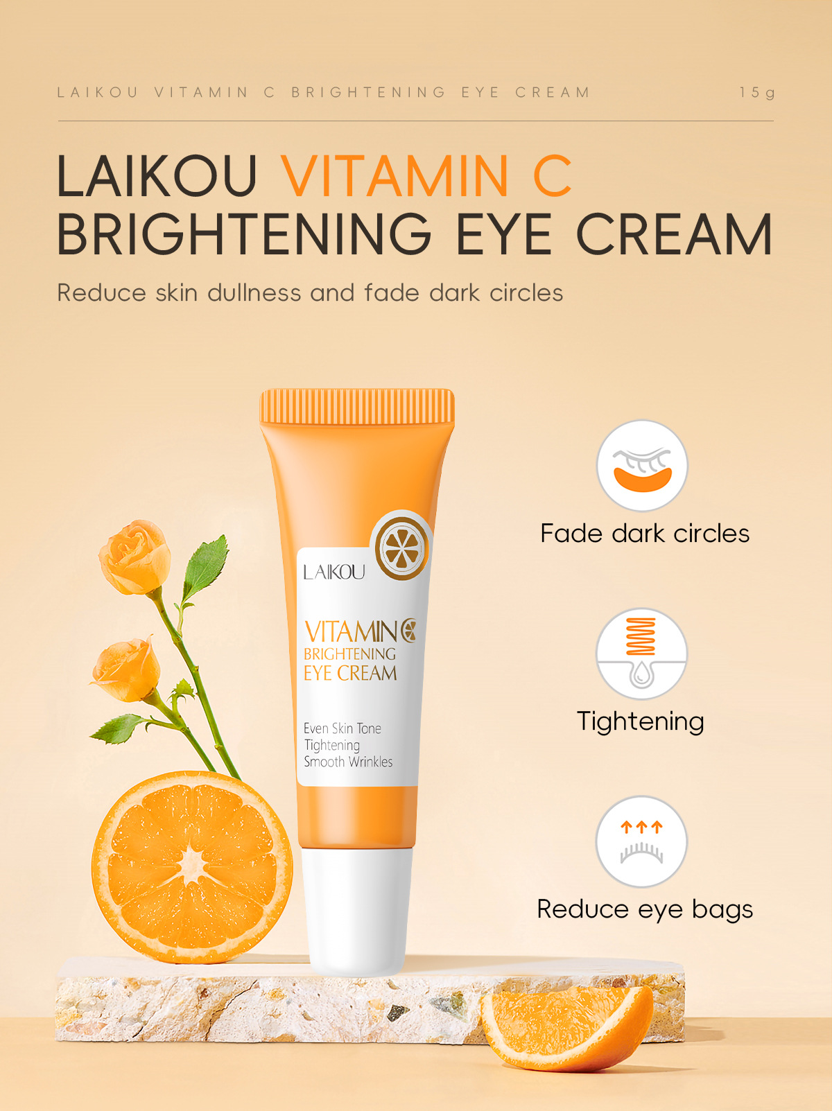 Cross-border laikou Vitamin c Eye Cream 15g hydrates, moisturizes and cares for the skin around the eyes to brighten the complexion. Factory wholesale undefined