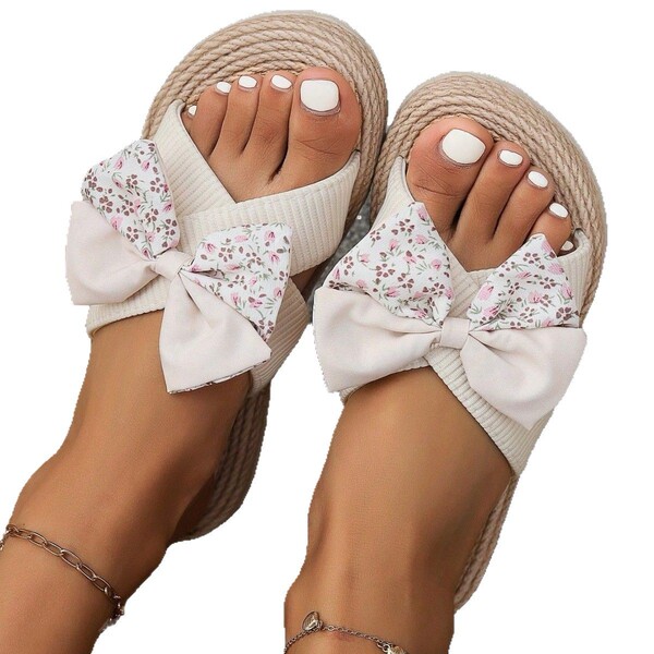 Summer solid color fashionable trend beige slippers with bow