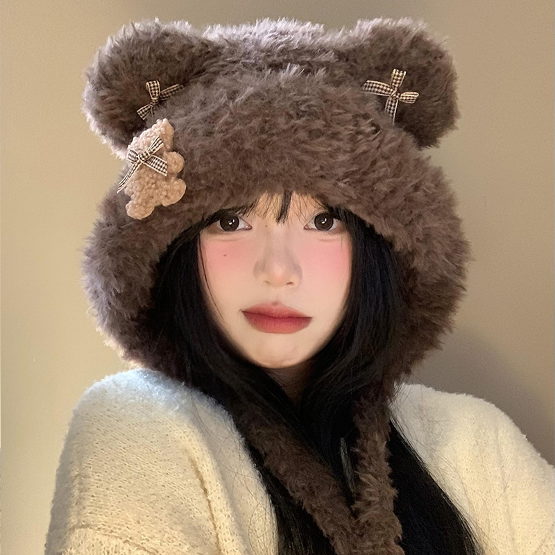 Hermoso arco de oso orejas gorra de peluche para mujeres otoño y invierno cara pequeña gorra de punto protector de orejas gorra de calor frío
