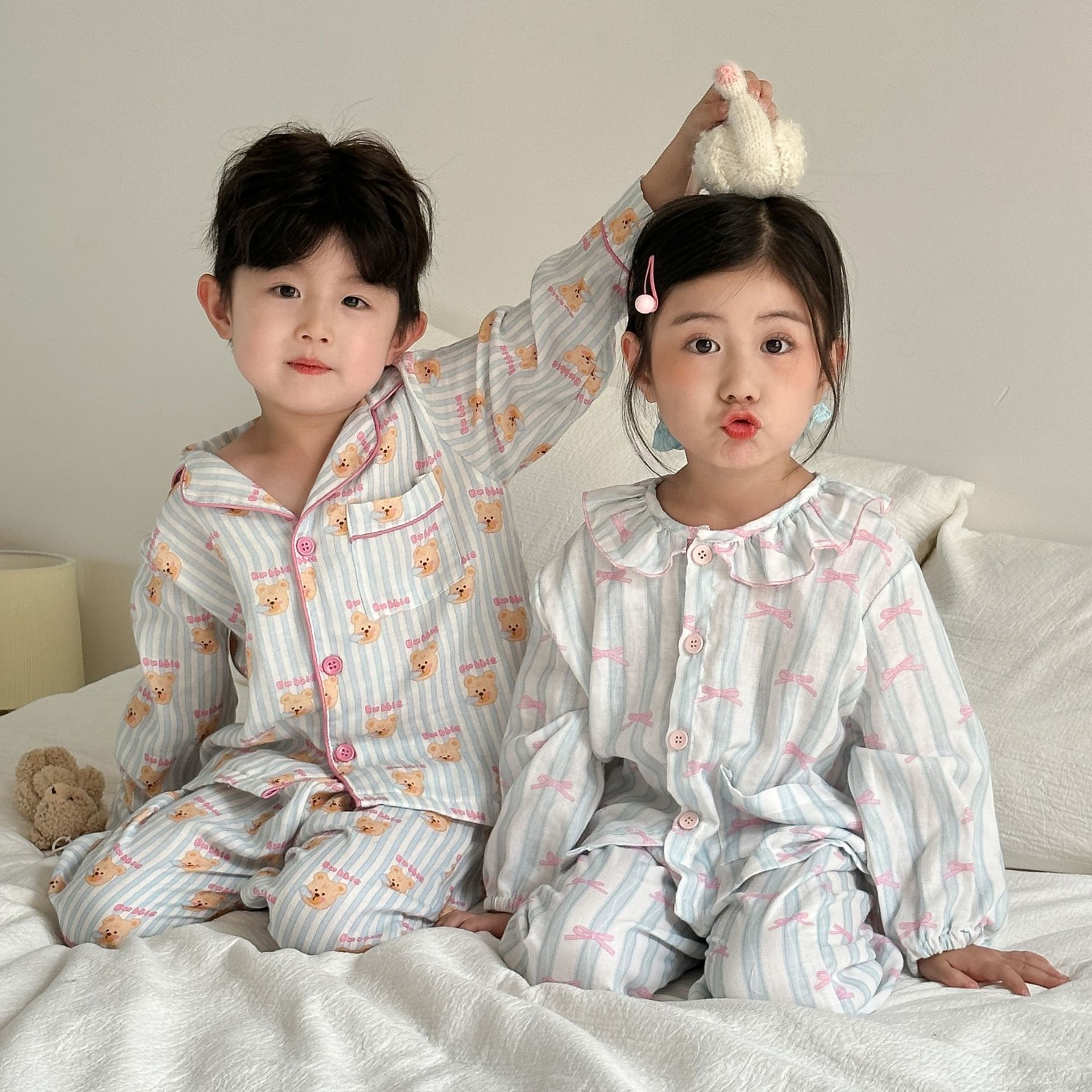 Children's Pajamas Boys' Pure Cotton Gauze Class a Striped 2026 New Spring and Autumn Baby Set Girls' Loungewear