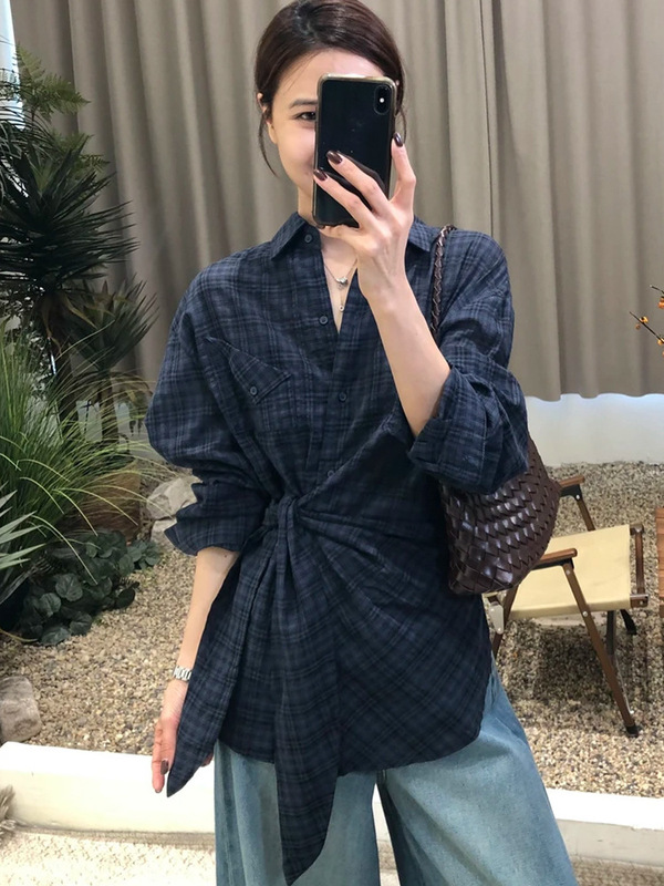 韩系复古长袖格子衬衫女秋季2025新款高级慵懒绑带收腰设计感上衣|undefined