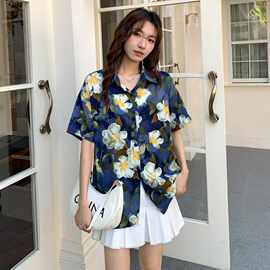 泰式复古夏威夷花衬衫女港风满印碎花衬衫短袖衬衣休闲度假风上衣