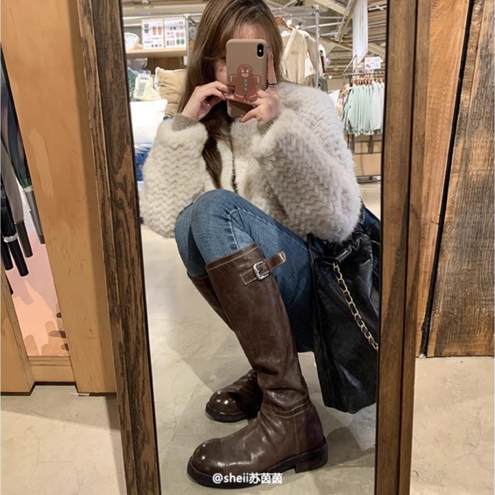 牛皮葡萄妈同款真皮复古褶皱高筒靴子显瘦粗跟英伦骑士靴女长筒靴|undefined
