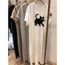 中长款过膝纯棉白色短袖连衣裙女夏2025新款洋气宽松开叉T恤裙子