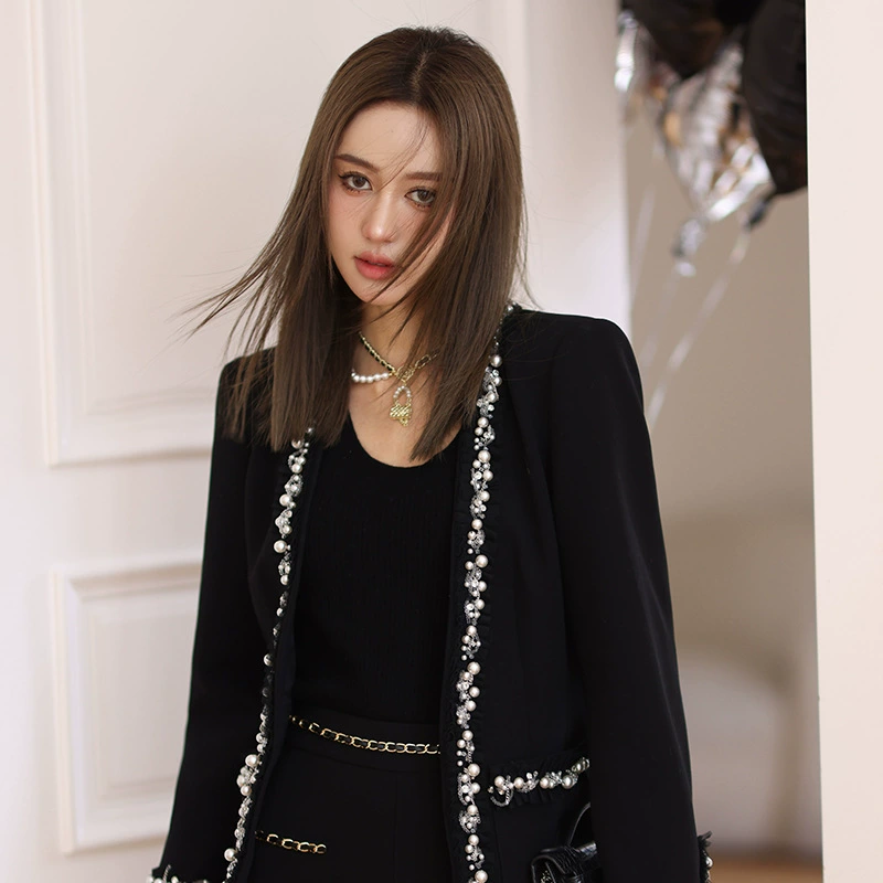 «Anfona» Барселона Маленькое собственное пальто Black Classic Beads Bringing Женский топ Craccirt