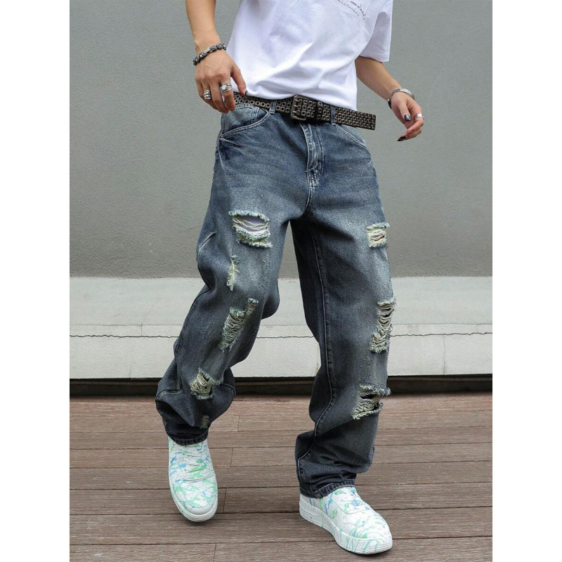Cross-Border Export New Style Denim Distressed Ripped Jeans Mid-Waist Full Length Straight Leg Pants