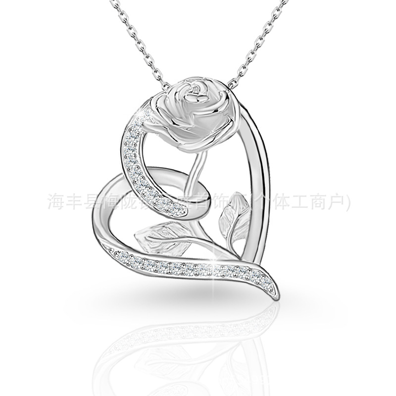 Amazon Cross-Border Export S925 Sterling Silver Fashion New Heart-Shaped Rose Clavicle Chain Niche Necklace