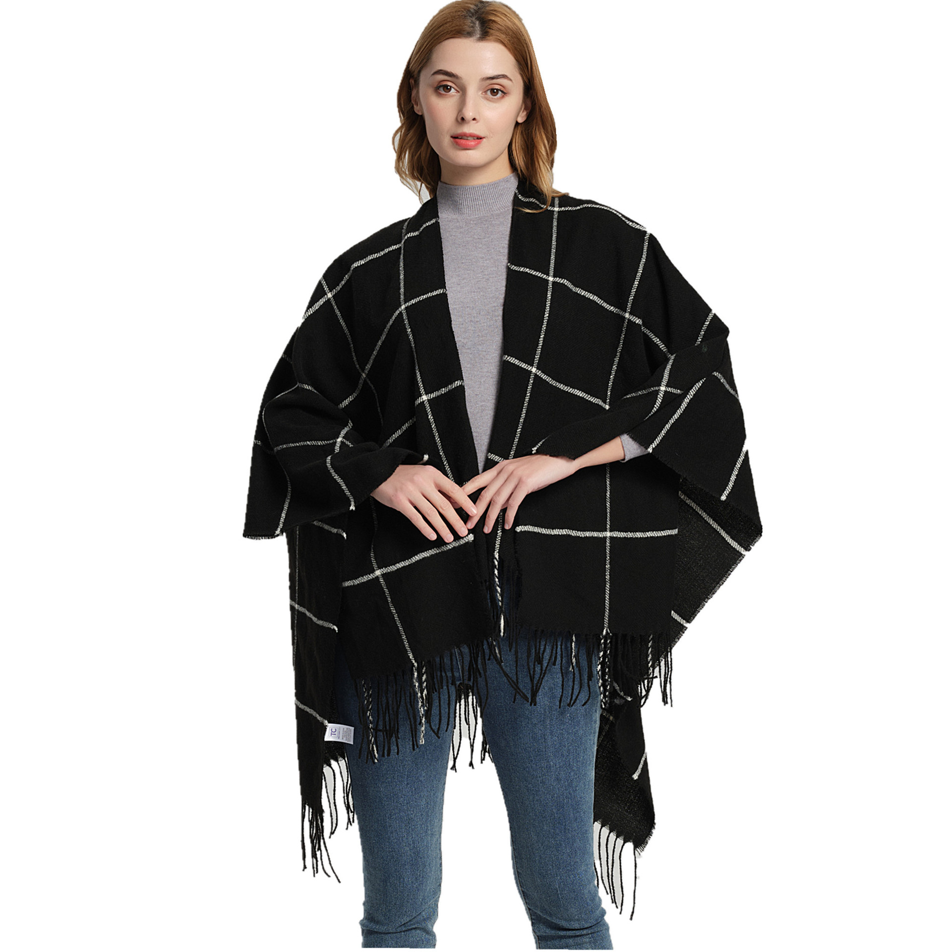 Unisex Cape Spring and winter woven acrylic large plaid tassel split cape_voghion.com