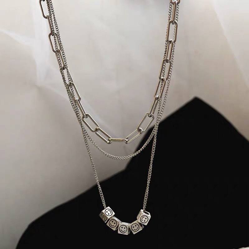 Korean retro threedimensional square smiley titanium steel necklace femalepicture3