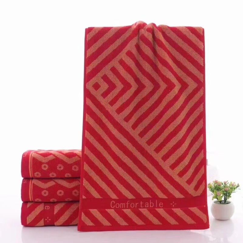 New Red Color Strip Geometric Reticulated Bear Jacquard Towel High-end Gift Return Towel Festive Wedding Return