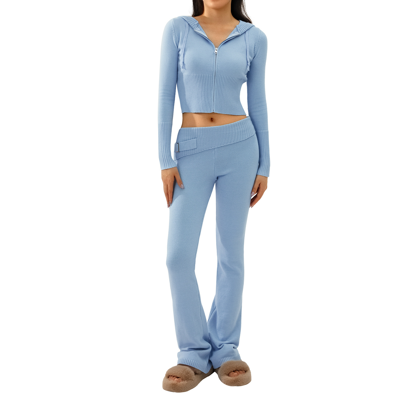Ensemble deux pièces en tricot à capuche pour femme, pantalon sexy à manches longues et taille haute, à la mode_voghion.com
