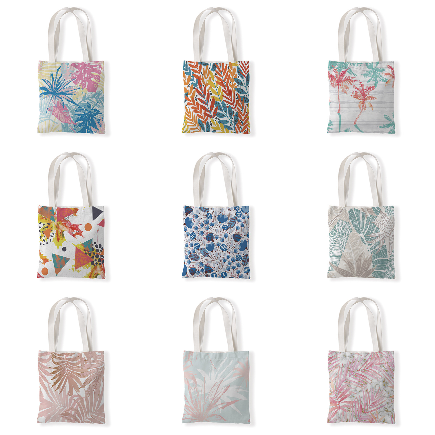 几何树叶印花手提时尚购物袋定制休闲零钱袋文艺单肩手提帆布袋