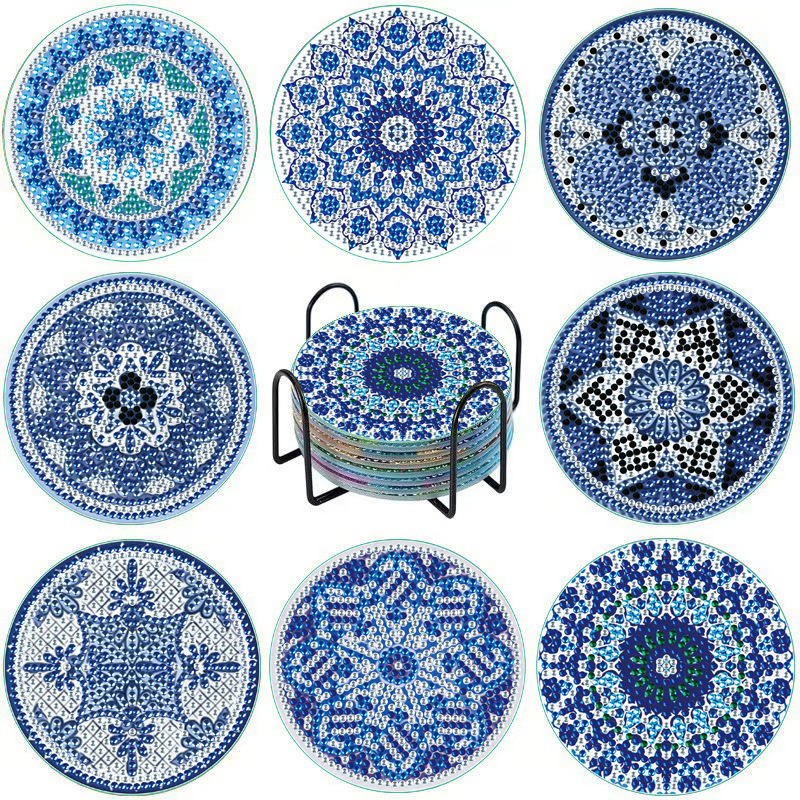 Posavasos de pintura de diamantes de diamantes de diamantes completos transfronterizos hechos a mano almohadilla de aislamiento térmico de diamantes de punto de acrílico redondo de bricolaje fondo de corcho antideslizante posavasos