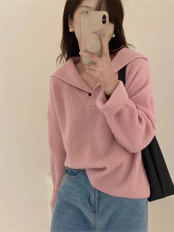 翻领设计感坑条毛衣女秋冬2025爆款新款慵懒温柔风针织打底衫上衣|undefined