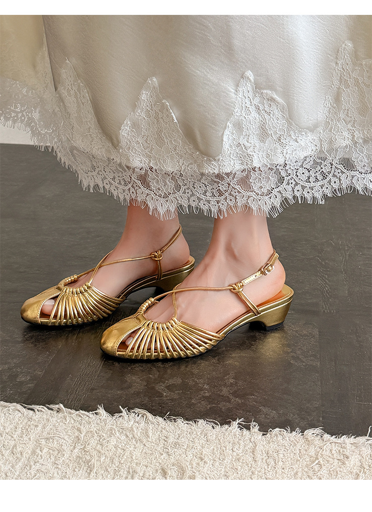 Sandal nữ quai mảnh buộc chéo gót trung bình phong cách Hàn Quốc — màu nâu chi tiết 18