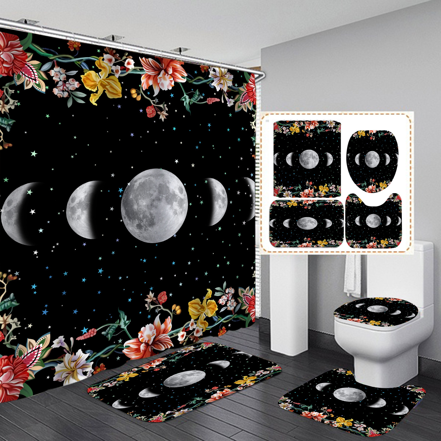 Amazon e-commerce HD impresión digital de alta gama Hotel baño flor Mang Luna partición Cortina de ducha suministro directo de fábrica