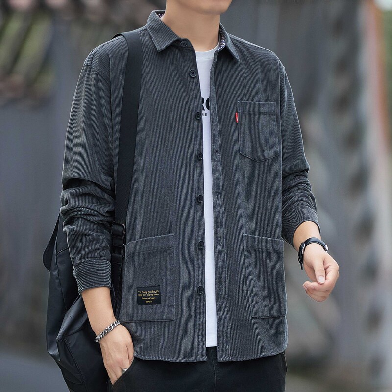 [100% Cotton] Spring and Autumn Pure Cotton Corduroy Long Sleeve Shirt Men's Jacket Casual Retro Workwear Shirt Loose Fit